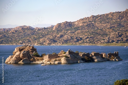 Island with ancient fortifications in Kapikiri village on Bafa lake in Mugla, Turkey