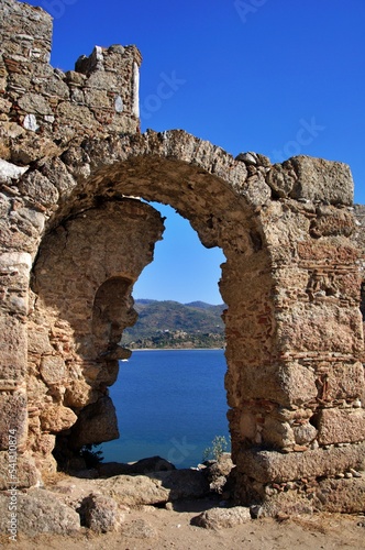 Lake castle with ancient fortifications in Kapikiri village on Bafa lake in Mugla, Turkey