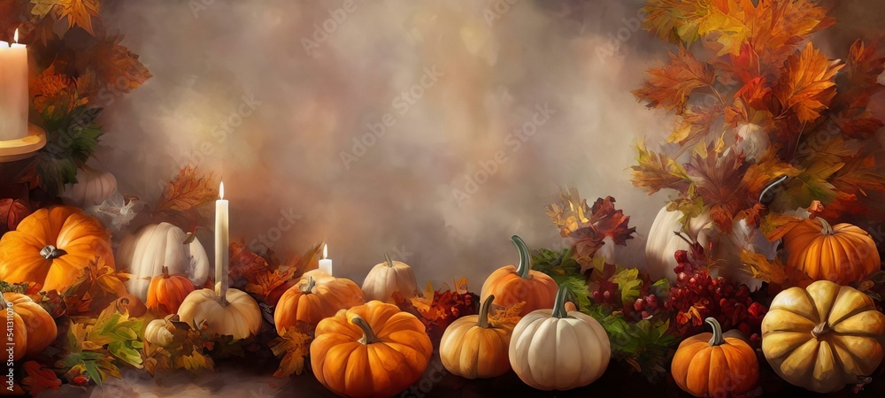 A Painting Of Pumpkins And Gourds With A Candle, Interesting Thanksgiving Harvest Abstract Background Wallpaper. Graphic Resource Overlay. A Painting Of Pumpkins And Gourds With A Candle, Interesting Thanksgiving Harvest Abstract Background Wallpaper. Graphic Resource Overlay.