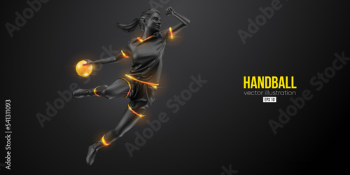 Abstract silhouette of a handball player on black background. Handball player woman are throws the ball. Vector illustration