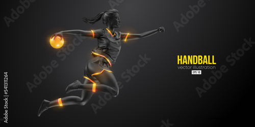 Abstract silhouette of a handball player on black background. Handball player woman are throws the ball. Vector illustration