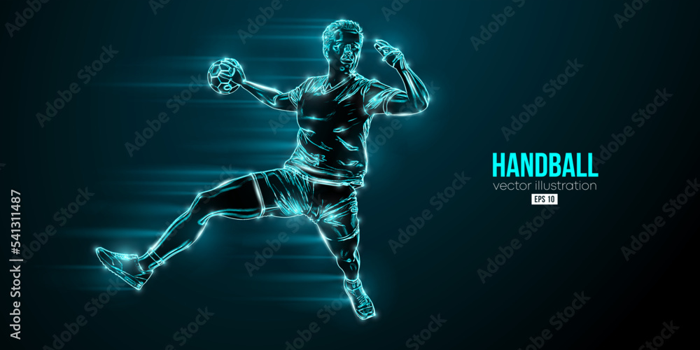Abstract silhouette of a handball player on blue background. Handball player man are throws the ball. Vector illustration