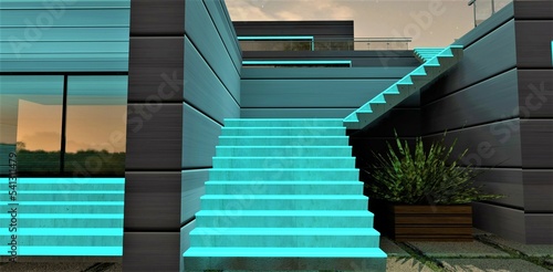 Terquoise illumination of the staircase to the terrace on the second floor of the contemporary country villa in the evening. 3d rendering. photo