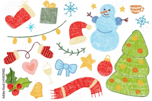 Set of Christmas holiday icons.  Imitation of children's drawings with pencils or crayons.