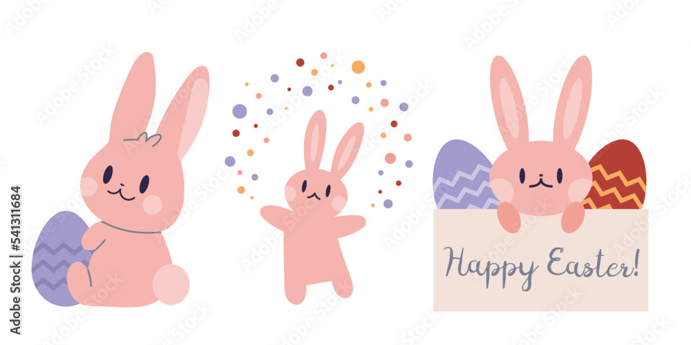 Obraz premium Collection with cute Easter rabbits and eggs, cartoon style. Trendy modern vector illustration isolated on white background, hand drawn, flat design. 