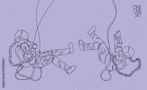 Linear astronaut set. Cosmonaut on swing. Falling man. Continuous line