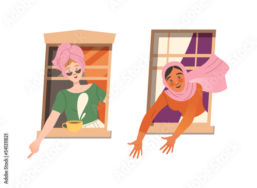 Woman in Open Window Pointing Finger and Reaching Hands Vector Set