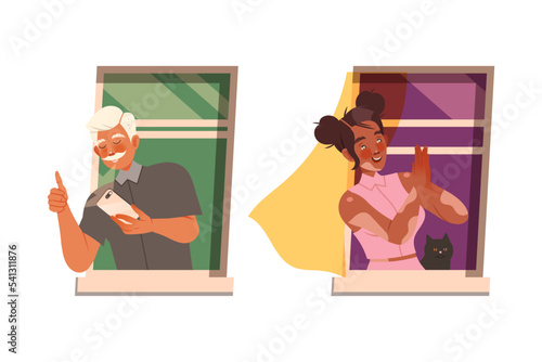 Man and Woman in Open Window Rubbing Hands and Taking Photo Vector Set