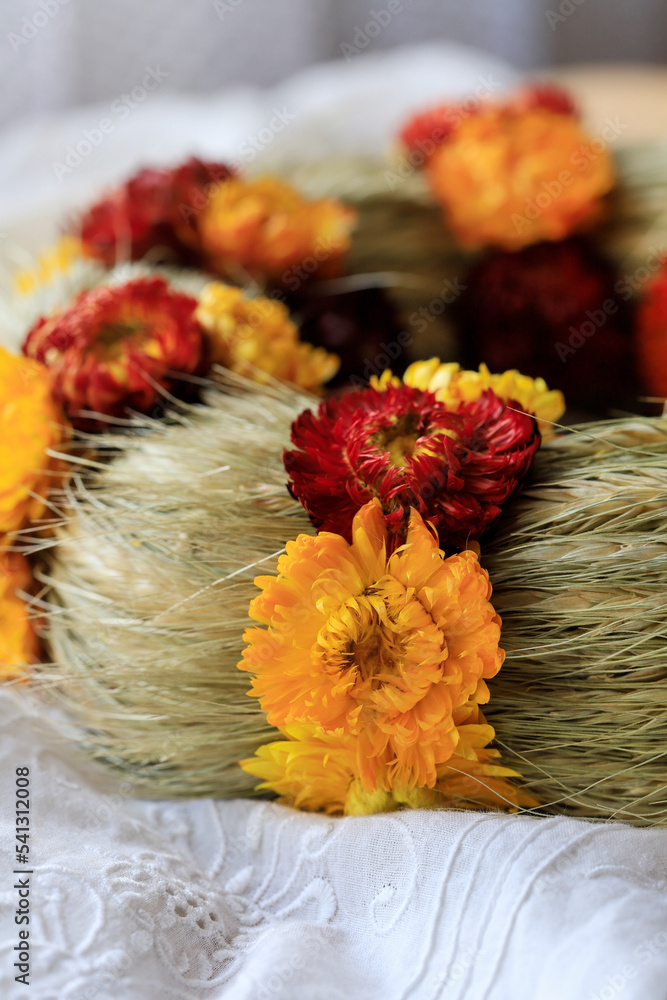 Detail Of A Door Wreath With Helichrysum Bracteatum Everlasting