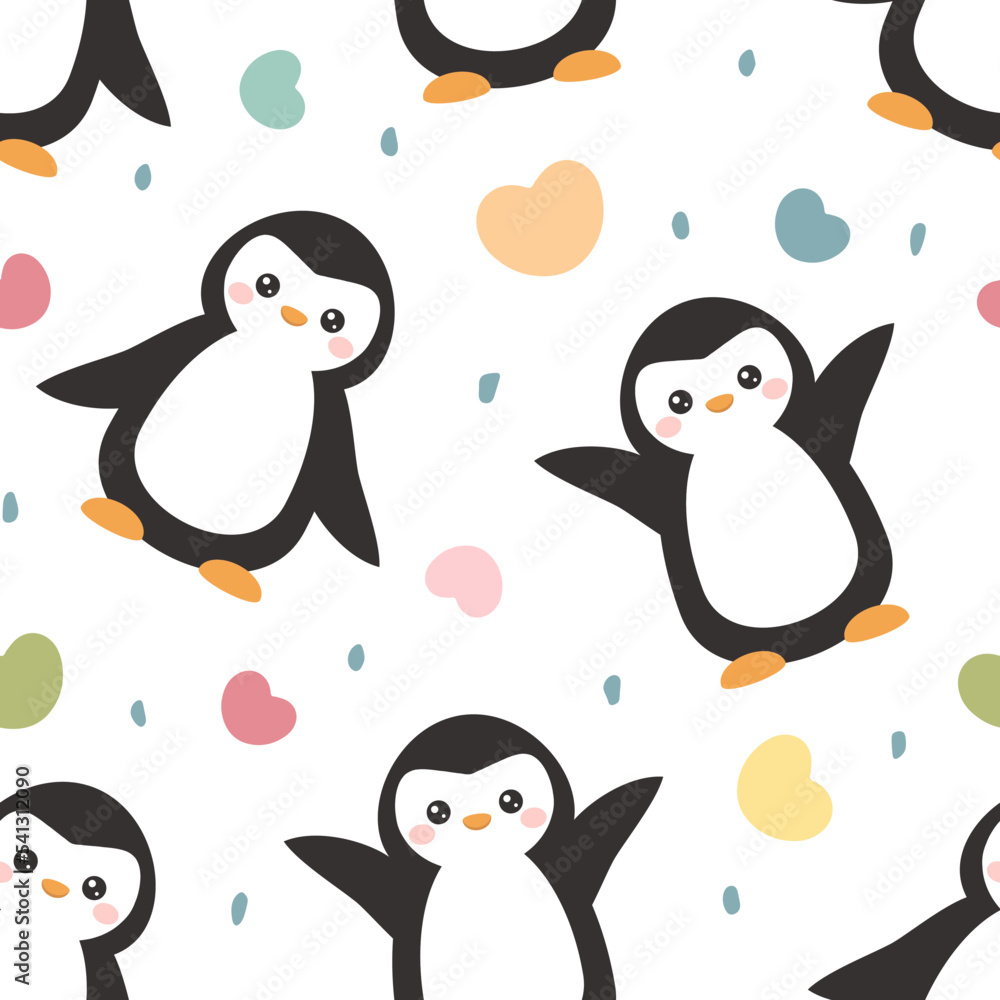 Obraz premium Colorful hearts cheerful penguin, kids fabric and textile clean white print.