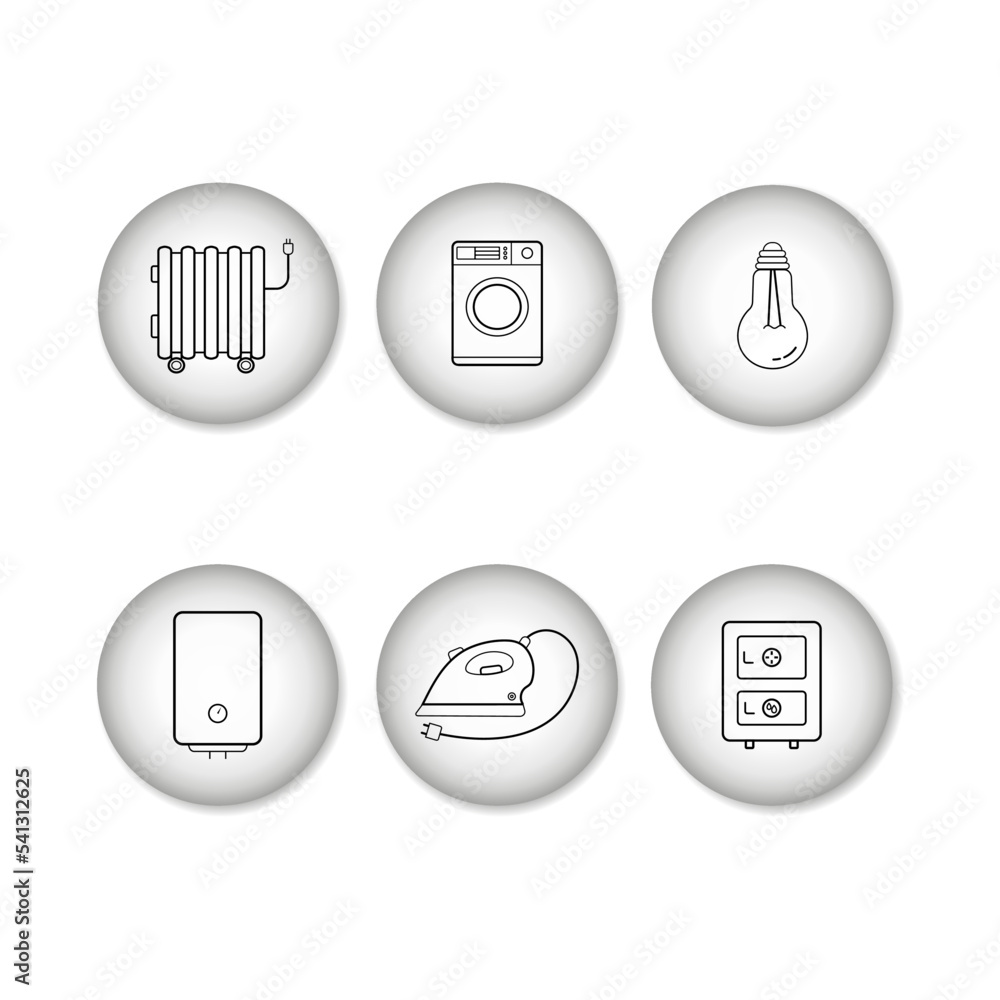 Linear icons of electrical appliances on round backgrounds with 3D effect. Vector icons isolated on white