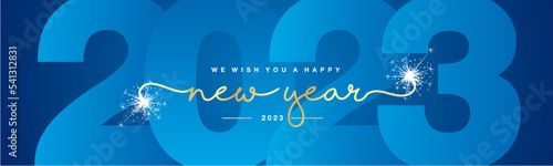 We wish you Happy New Year 2023 golden handwritten lettering tipography line design white sparkle firework light blue year 2023 on dark blue background