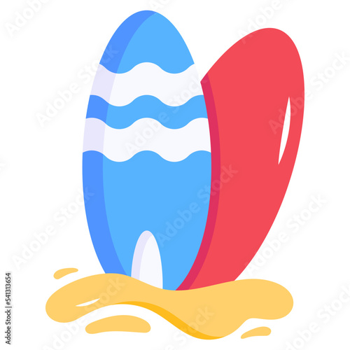 Flat icon of surf boards at the beach 