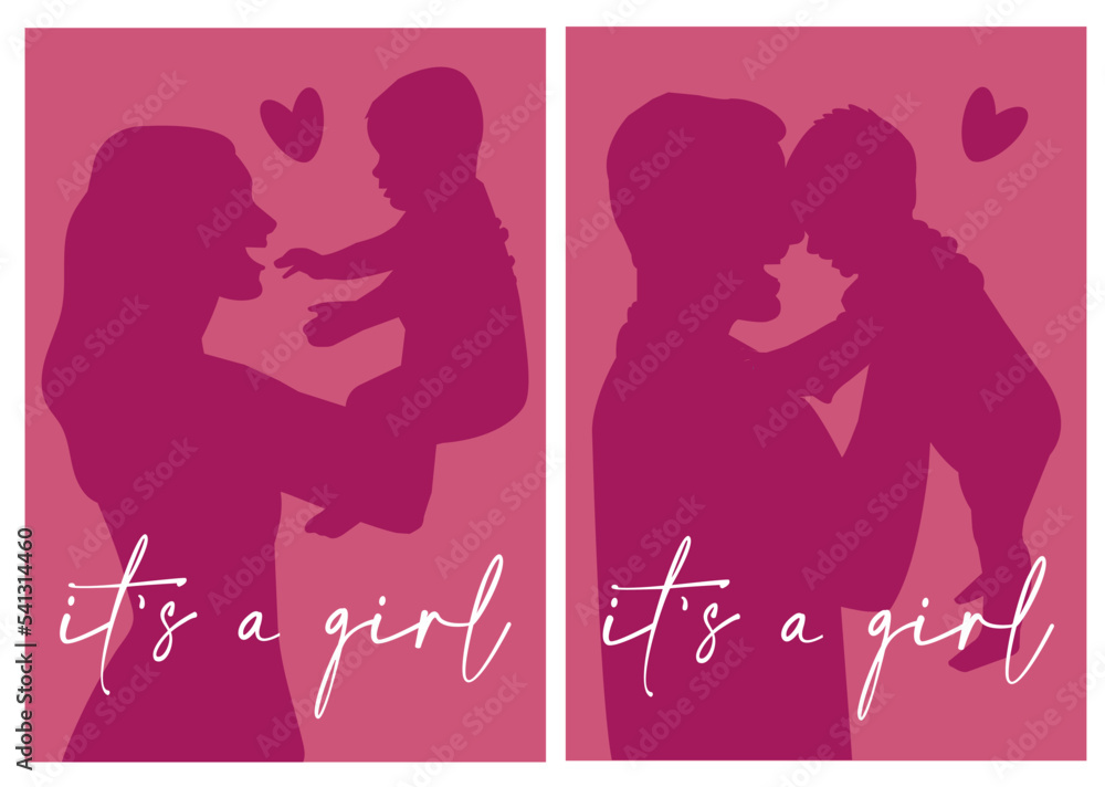 Gender reveal it's a girl postcard. simple vector illustration silhouette of mom and dad holding the baby. Gender reveal it's a girl postcard. simple vector illustration silhouette of mom and dad holding the baby.