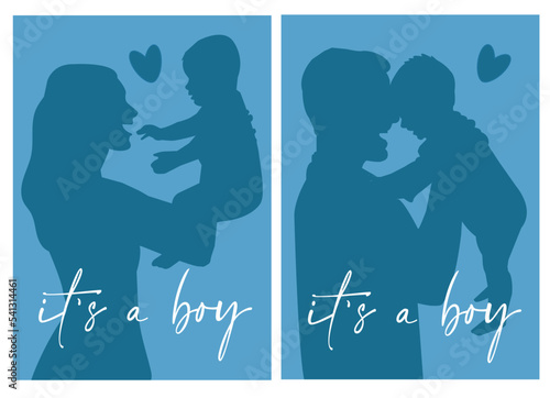 Gender reveal it's a boy postcard. simple vector illustration silhouette of mom and dad holding the baby.