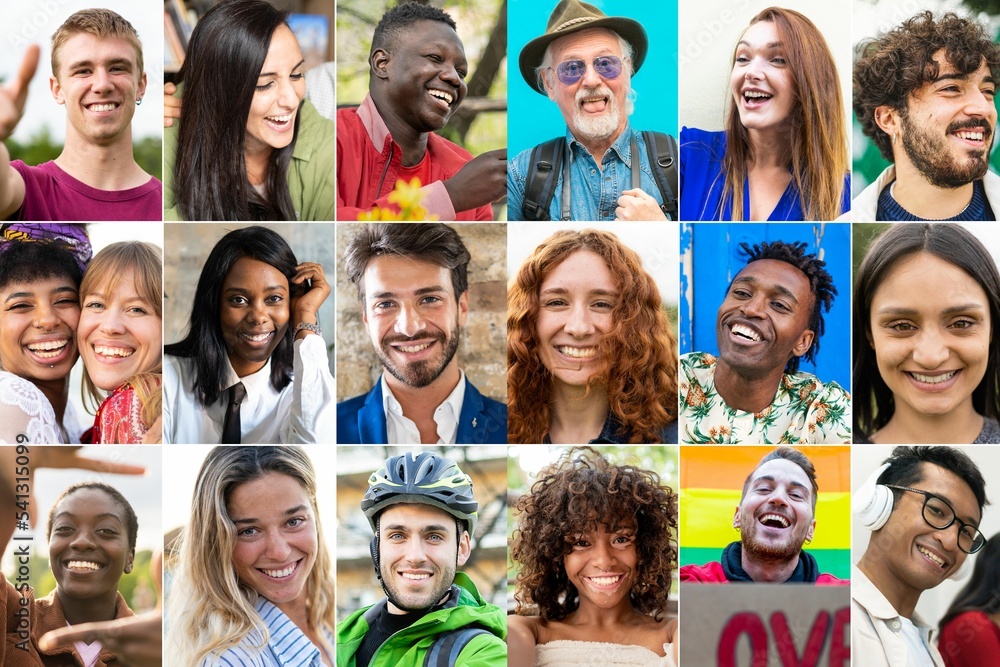 Big collage of  smiling people - Group of multiracial people smiling 