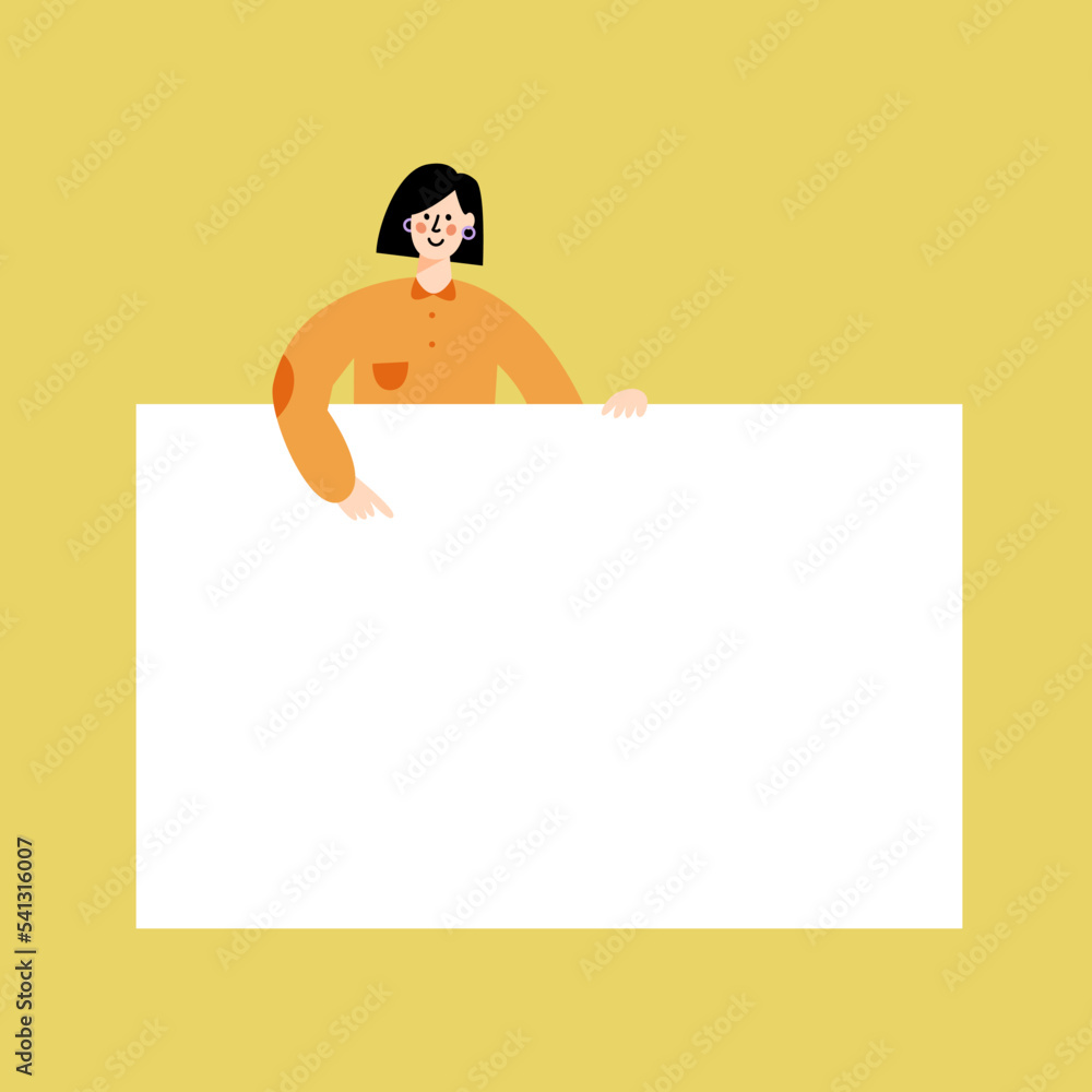 Vector flat illustration with young woman standing near big empty paper sheet. Woman near blank banner for advertising. Flat character isolated on background. Vector flat illustration with young woman standing near big empty paper sheet. Woman near blank banner for advertising. Flat character isolated on background.
