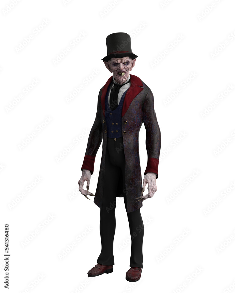 Vampire standing in top hat. 3d illustration isolated on transparent background. Vampire standing in top hat. 3d illustration isolated on transparent background.