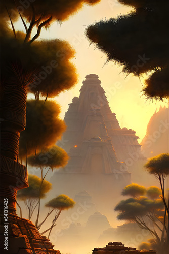 ancient temple ruins in the desert with palm trees - painted illustration - concept art - background - fantasy art