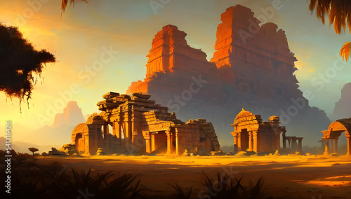 ancient temple ruins in the desert with palm trees - painted illustration - concept art - background