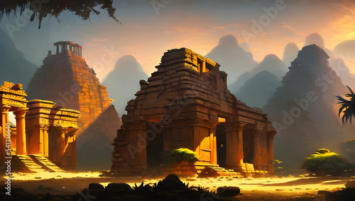 ancient temple in the desert with palm trees - painted illustration - concept art - background