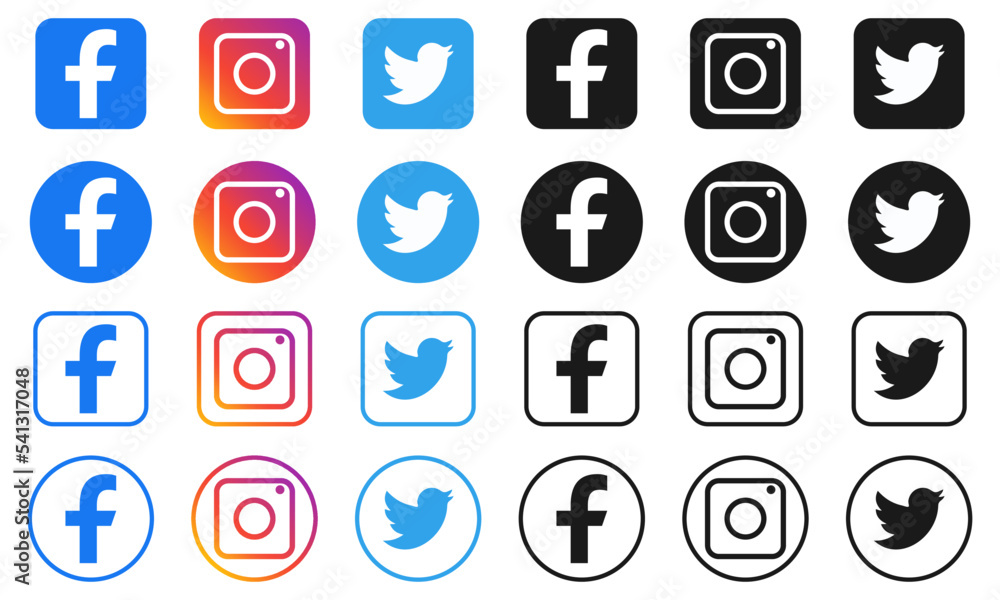 Set of most popular social media icons: Facebook, Instagram and Twitter