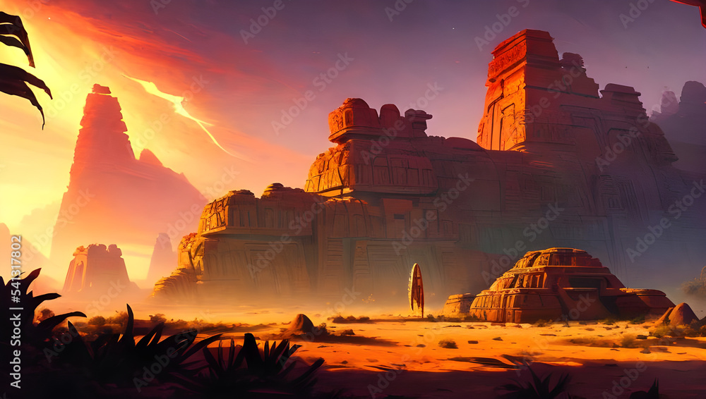 ancient science fiction temple ruins on an alien planet in the desert ...