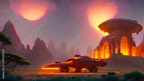 ancient science fiction temple ruins on an alien planet in the desert with palm trees and neon lights - painted illustration - concept art - background