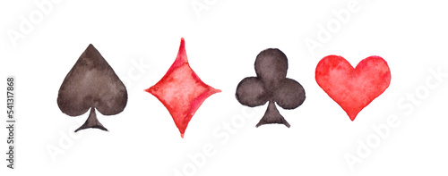 Watercolor illustration set of playing cards suits: spades, hearts, clubs and diamonds. Handdrawn water color red and black drawing on white background, cutout clip art elements for design decoration.