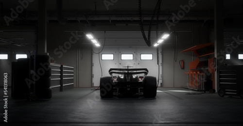 Back view silhouette of a modern generic sports racing car standing in a dark garage on a pit lane, cinematic lighting. Realistic 3d rendering