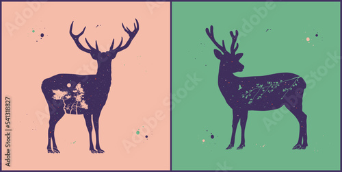 Deer silhouette. Night starry sky texture. Abstract animal shape set
