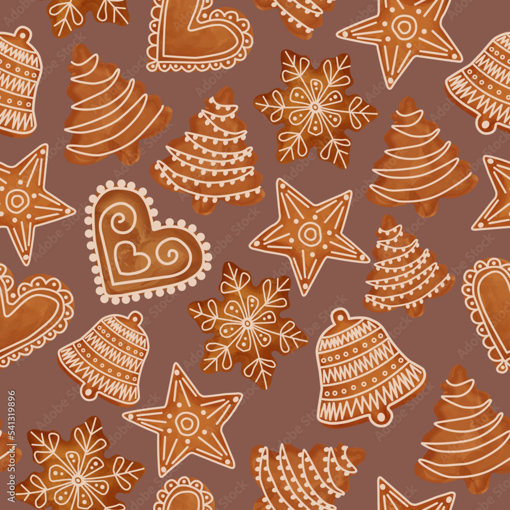 Watercolor winter christmas seamless pattern with ginger cookies. New year pattern. Cookies on a brown background. for wallpaper, gift paper, pattern fills, textile, greetings cards. Watercolor winter christmas seamless pattern with ginger cookies. New year pattern. Cookies on a brown background. for wallpaper, gift paper, pattern fills, textile, greetings cards.