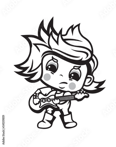 Cute cartoon style illustration of a girl playing electric guitar 