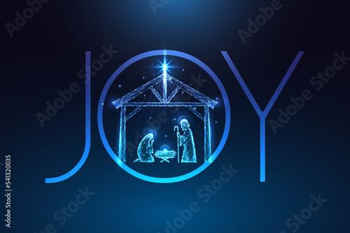 Christian religious Christmas greeting card with Nativity scene and word Joy on dark blue background