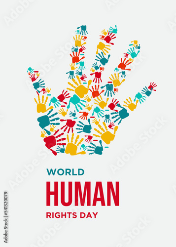 Human Rights Day web banner for social equality, Human Rights Day concept, International Human Rights day illustration for global equality and peace with colorful people hand prints, social diversity 