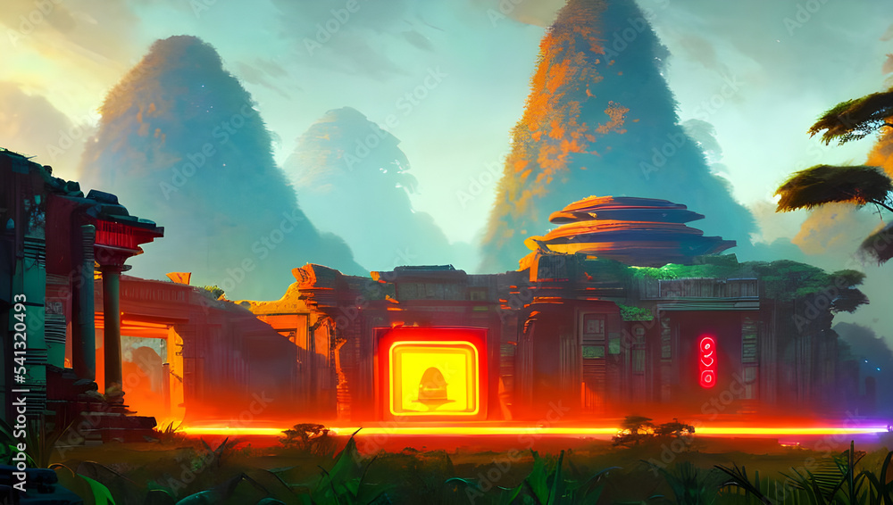 Fototapeta premium ancient science fiction temple ruins on an alien planet in the jungle with palm trees and neon lights - painted illustration - concept art - background