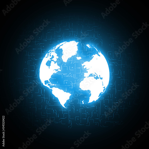 Digital globalization. Holographic map of the world against the background of technical schemes.