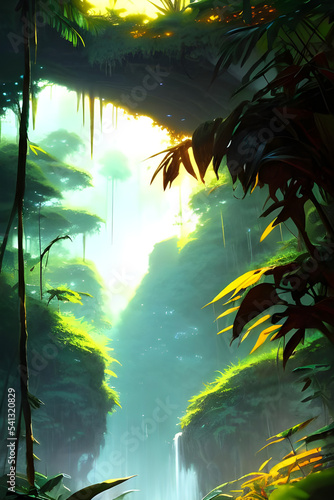 ancient temple ruins in the jungle with palm trees - painted illustration - concept art - background