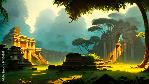 ancient temple ruins in the jungle with palm trees - painted illustration - concept art - background