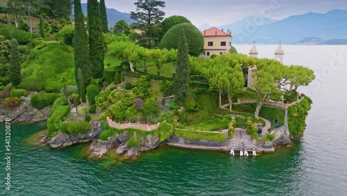 Aerial view of Villa del Balbianello, Lake Como, Italy. Beautiful garden and villa on lake. Tremezzina, Como Lake, Lombardy, Italy. 4K UHD photo