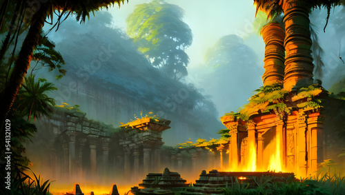 ancient temple ruins in the jungle with palm trees - painted illustration - concept art - background