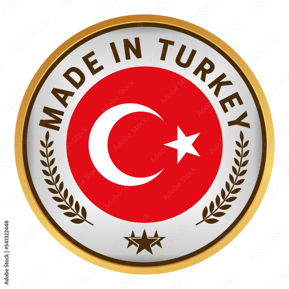 Made in turkey button with gold border on white background Made in turkey button with gold border on white background