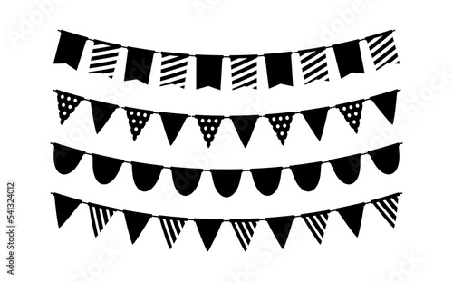 Black bunting silhouette set. Holiday flag garland collection. Black pennants chains. Flags decoration for party and celebration. Vector