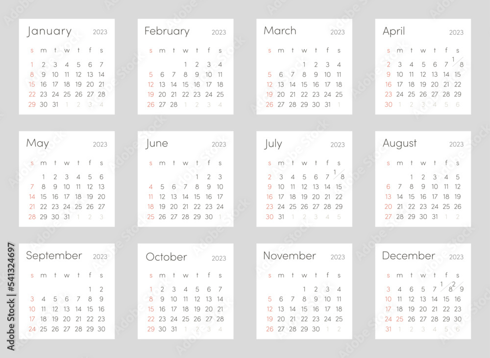 Classic monthly calendar for 2023. Calendar in the style of minimalist square shape. The week starts on Sunday. Classic monthly calendar for 2023. Calendar in the style of minimalist square shape. The week starts on Sunday.