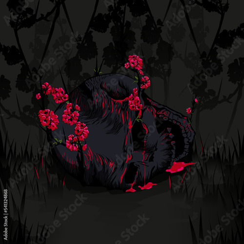 skull with red flowers on dark background with flowers