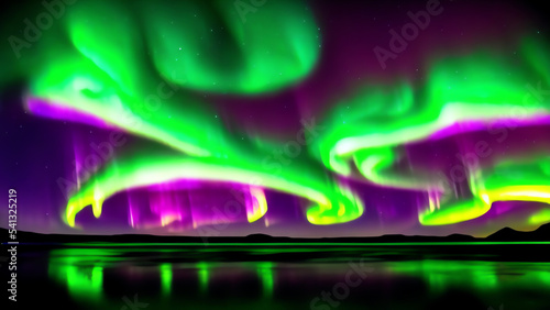 Realistic illustration of aurora borealis, Northern lights, dark night