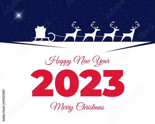 Santa Claus reindeer harness with gift box on sleigh greeting card. Merry Christmas and Happy New Year 2023 lettering with shining bethlehem star calendar cover. Xmas magic night vector Illustration