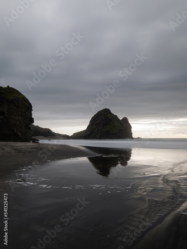 Cloudy view of Taitomo Rock at Piha Beach  Auckland  New Zealand.