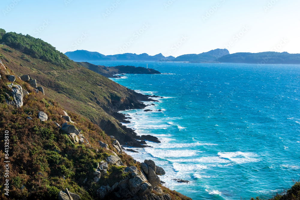 Majestic view of the coast at Cape Home and the Cies Islands in the background. Cangas - Spain