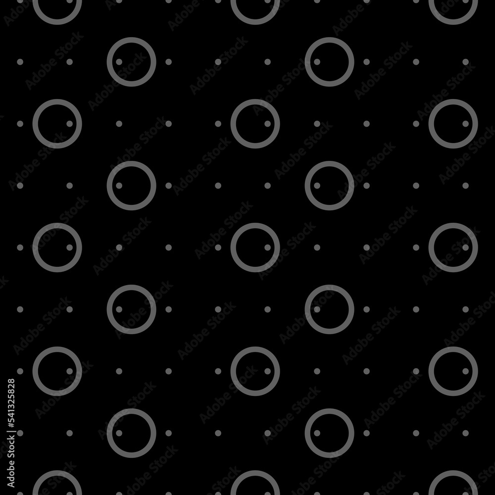 Vector illustration. Geometric seamless pattern. Solid dots and linear circles in rows. Spotted grey, black and white background. Simple monochrome abstract pattern.